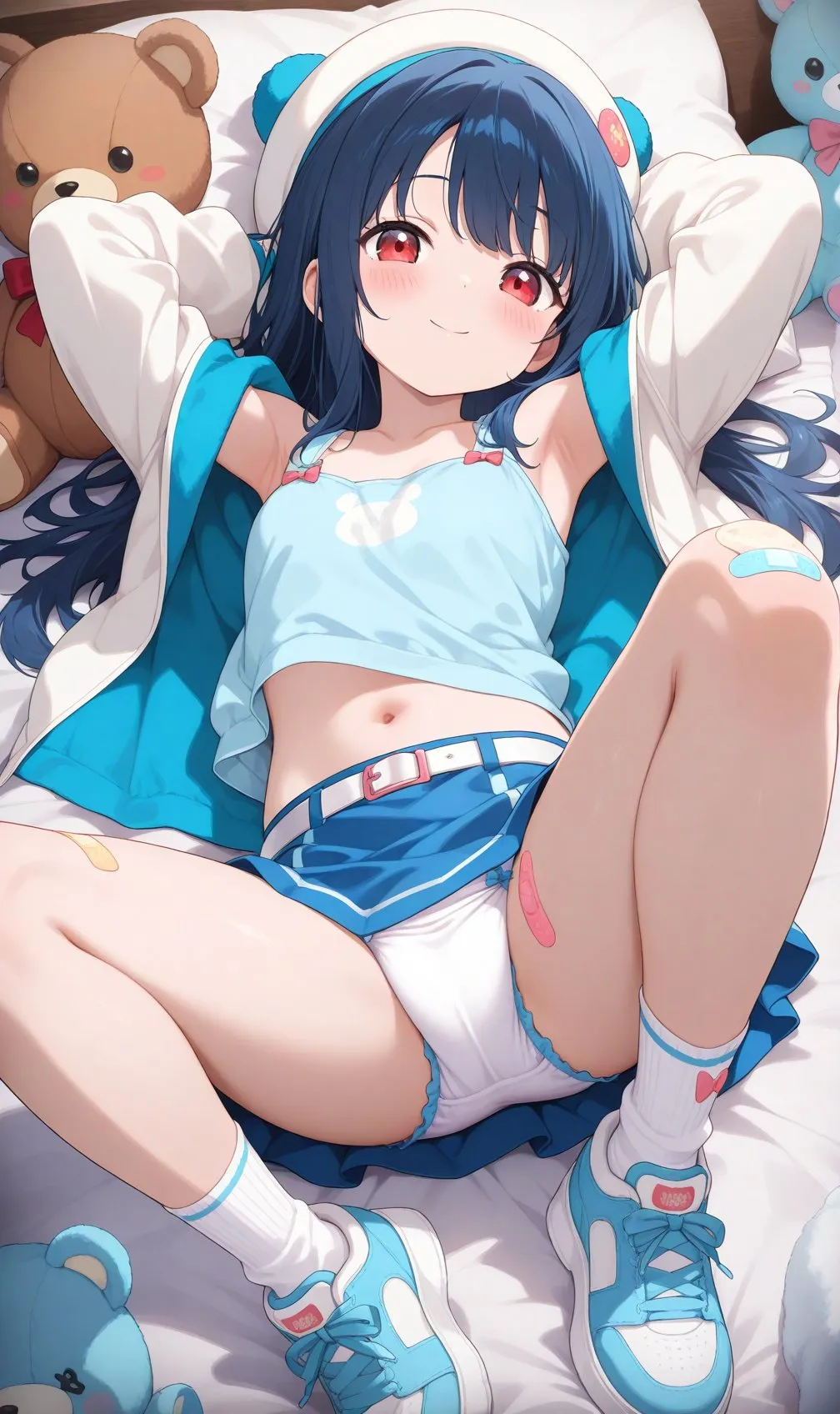 A girl wearing diapers and showing off her armpits