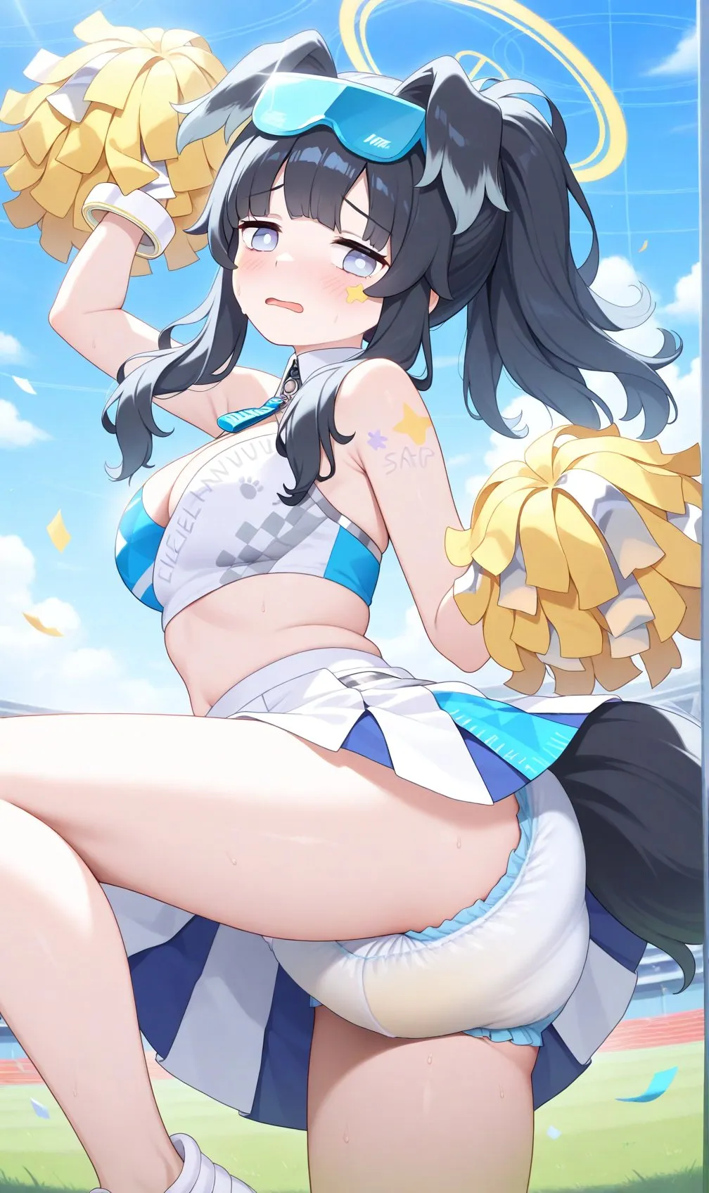 A girl wearing a wet diaper and cheerleading