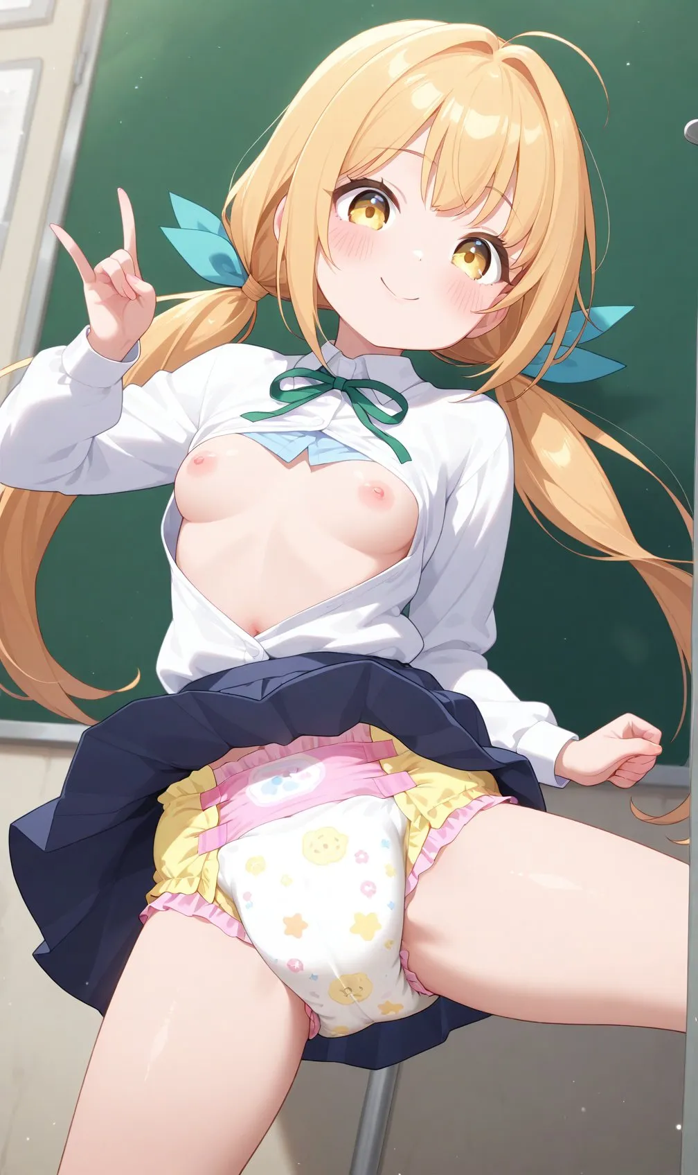 A girl exposing her chest and diaper in the classroom
