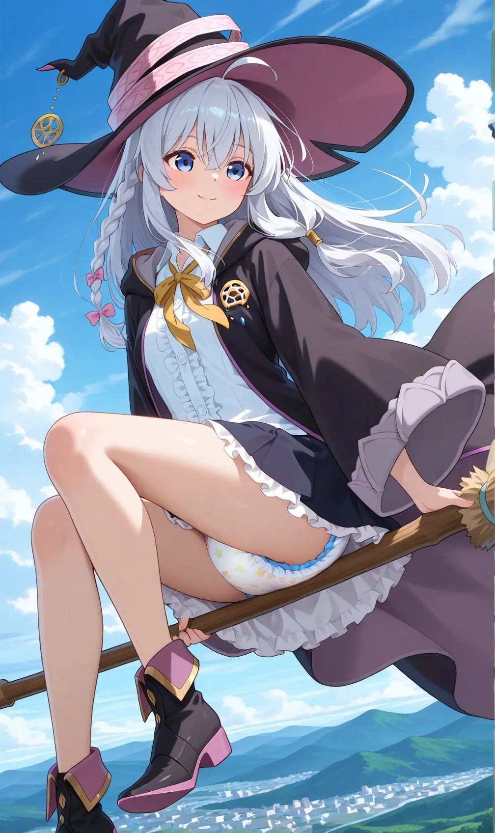 A magical girl wearing diapers riding a broomstick