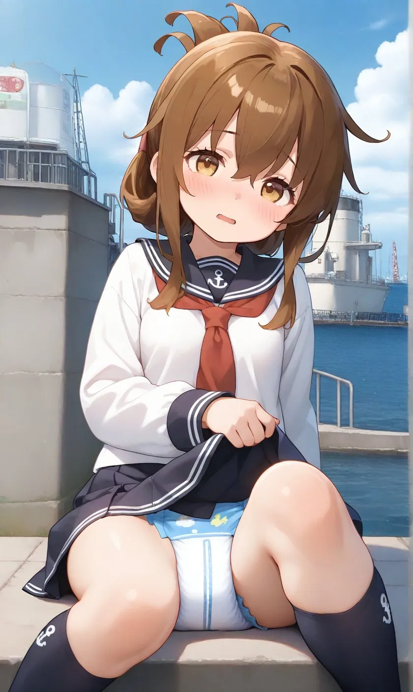 Schoolgirl exposing diapers at the port