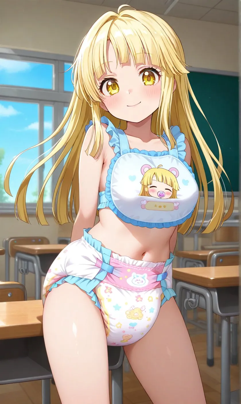 A girl wearing a bib and diaper at school