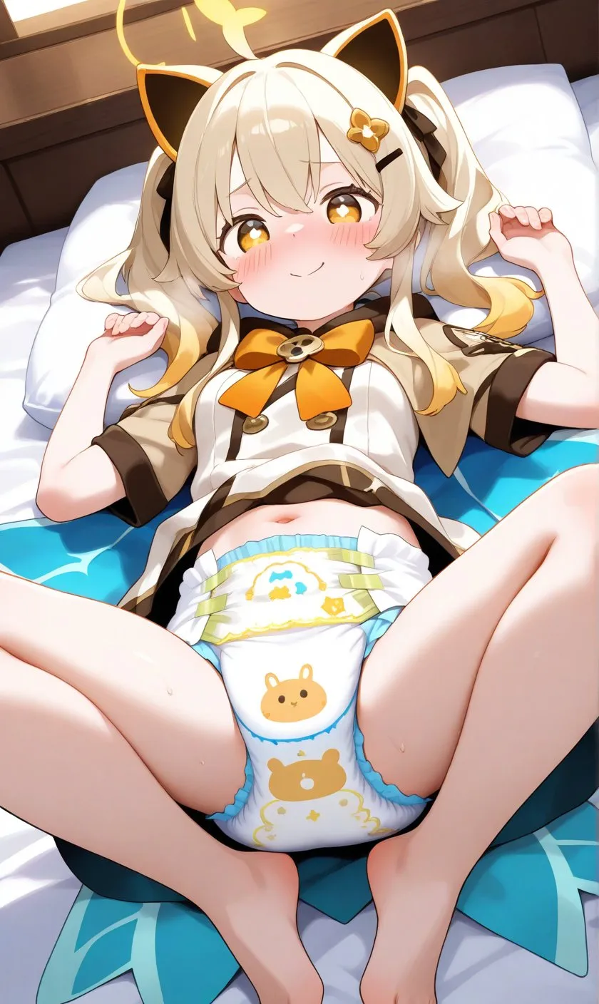 A girl lying down wearing a diaper, looking embarrassed