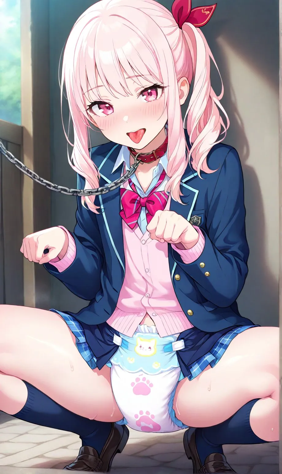 A girl wearing a slave collar and diapers