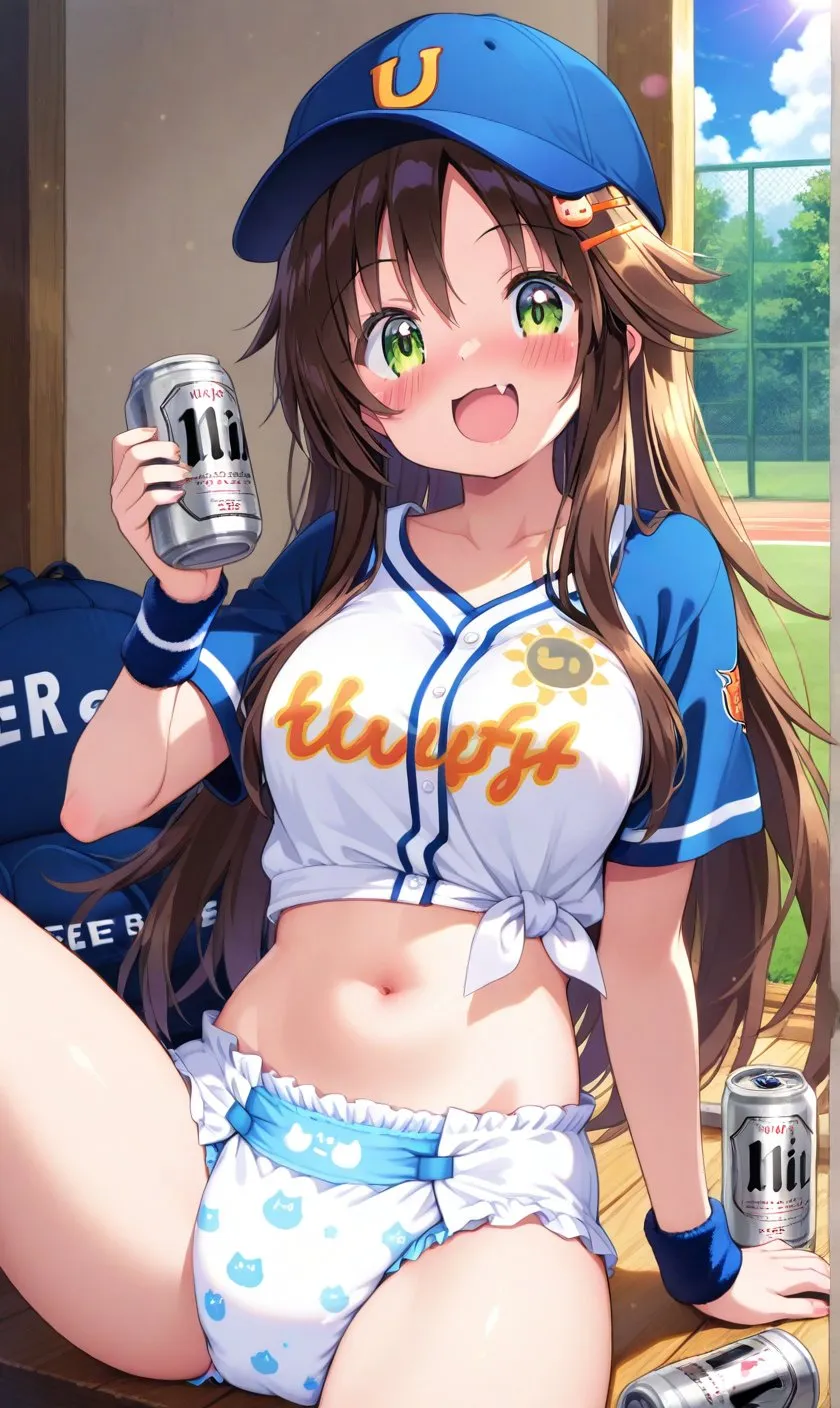 A girl wearing diapers and drinking beer