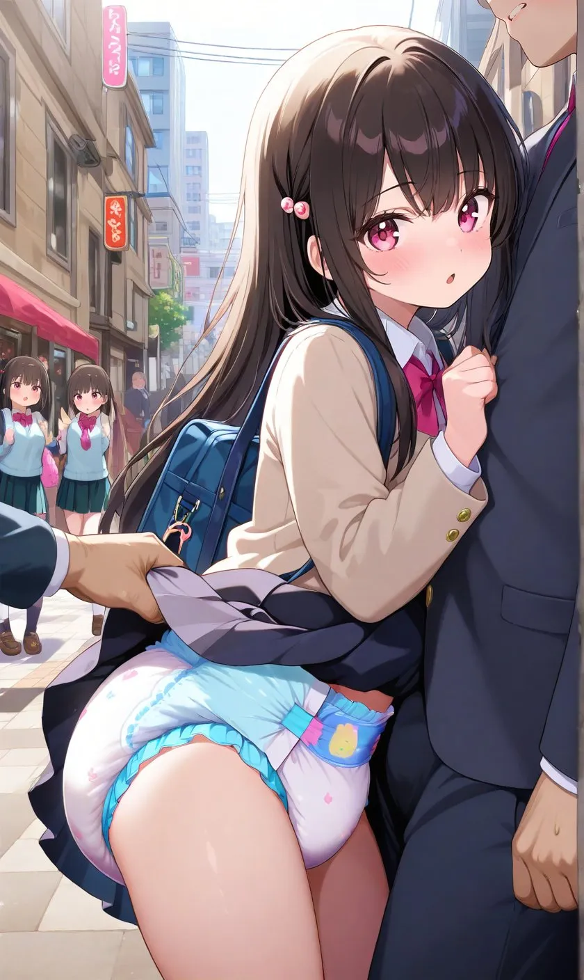 A girl being diaper-checked on the street