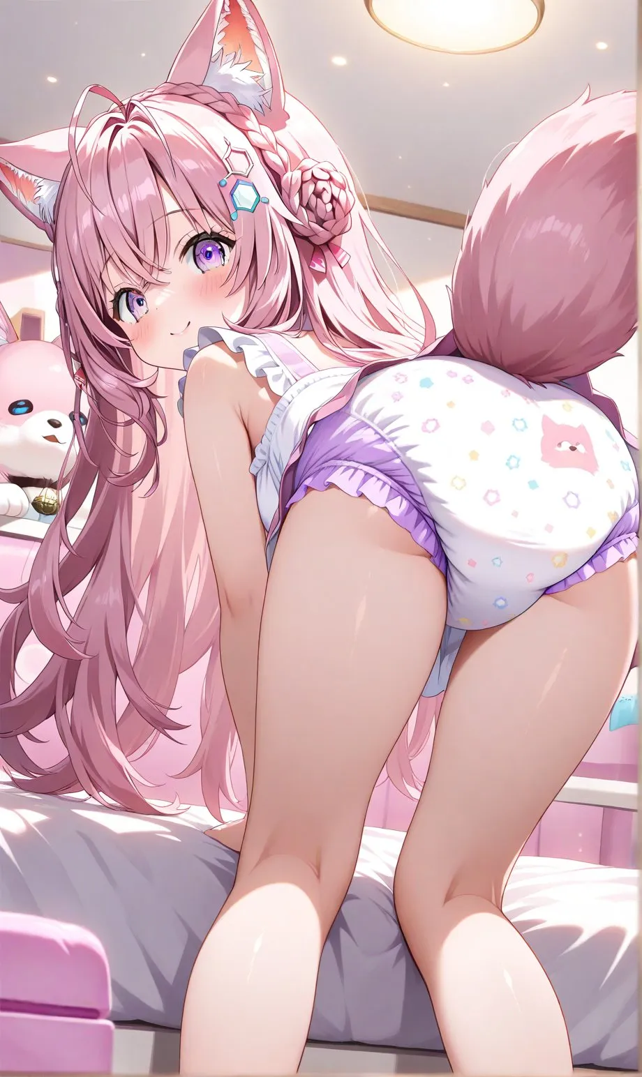 A girl in diapers looking back