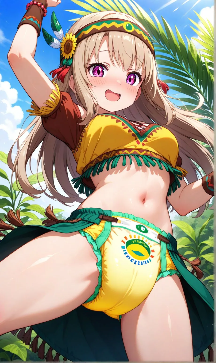 A girl with an indigenous look is wearing a diaper.
