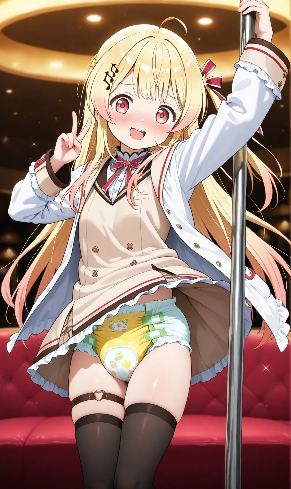The diapered girl holding the pole