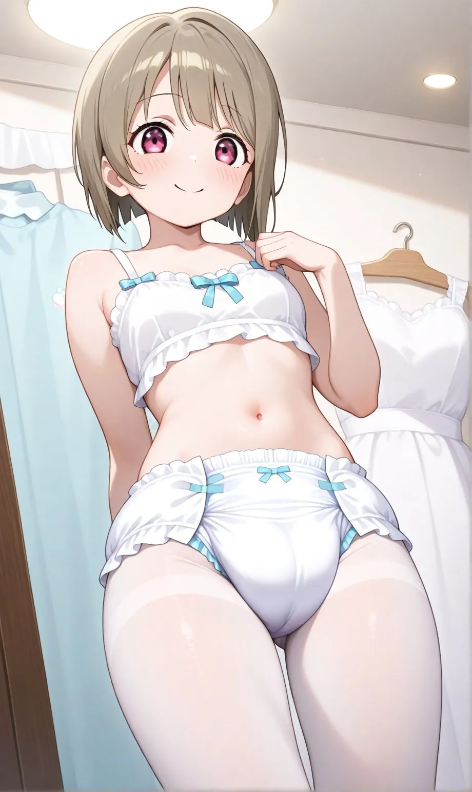A girl in a white bra, white diaper, and white stockings