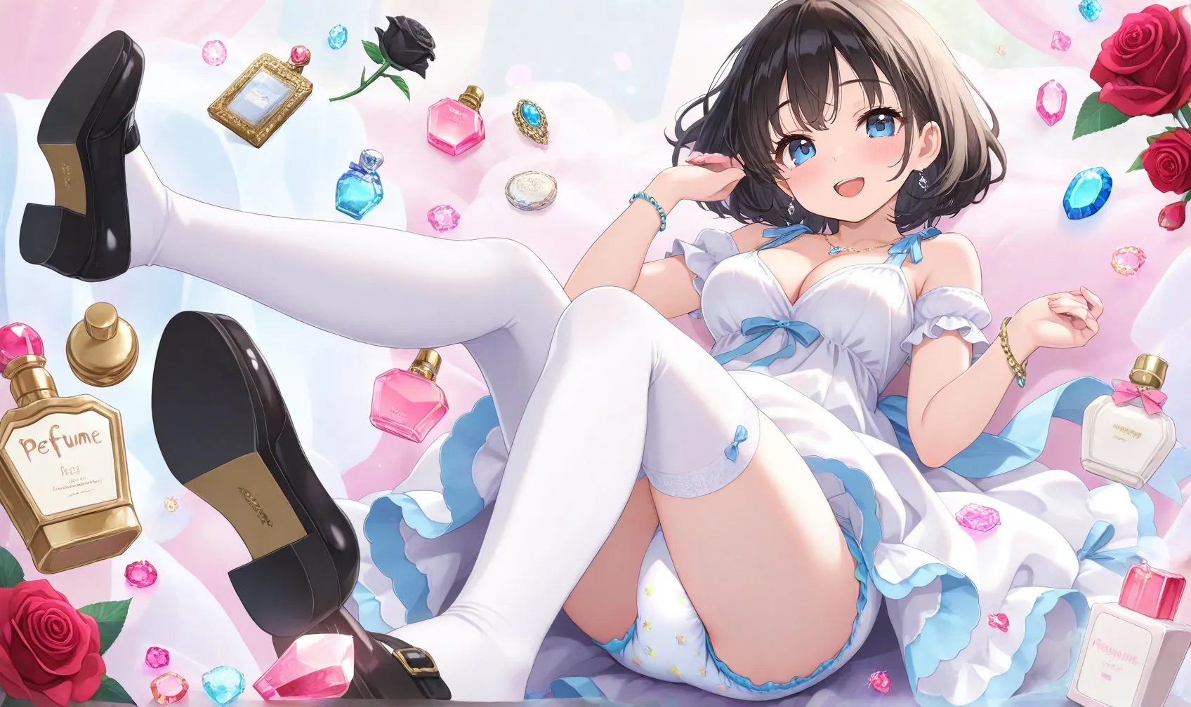 A diapered girl wearing white clothes and flat shoes