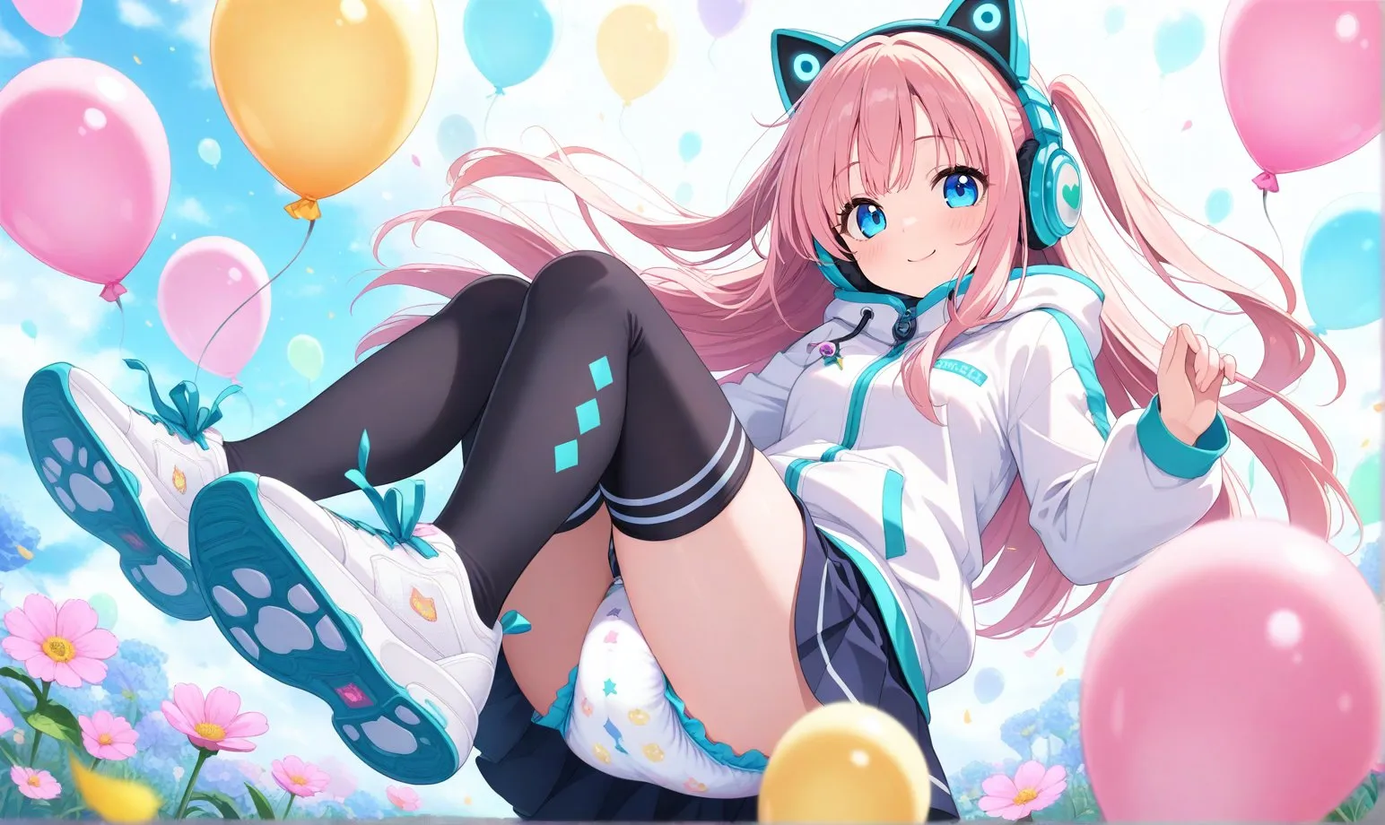 The diapered girl wearing headphones