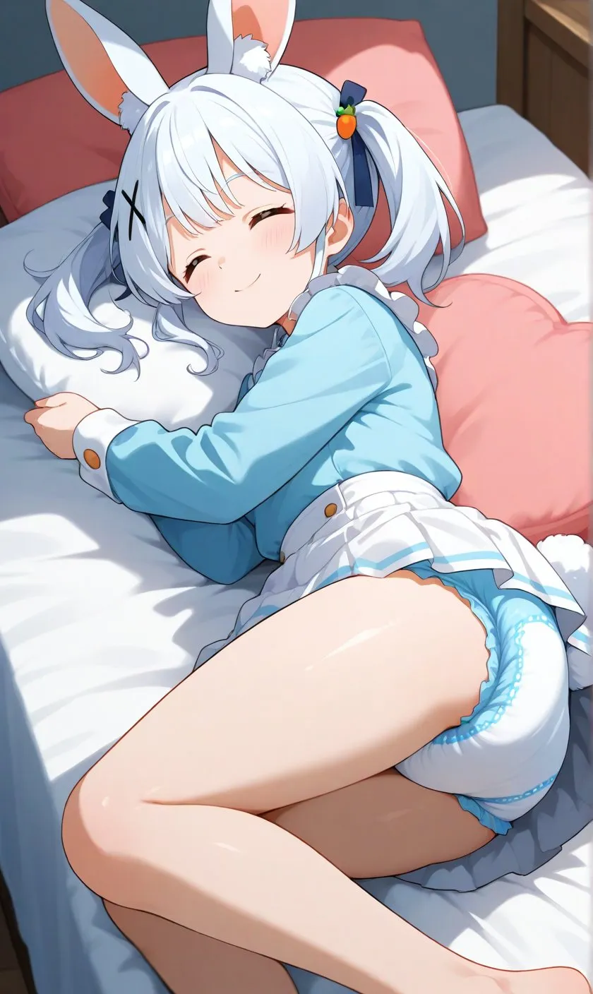 A little girl in a diaper is sleeping with a smile on her face.