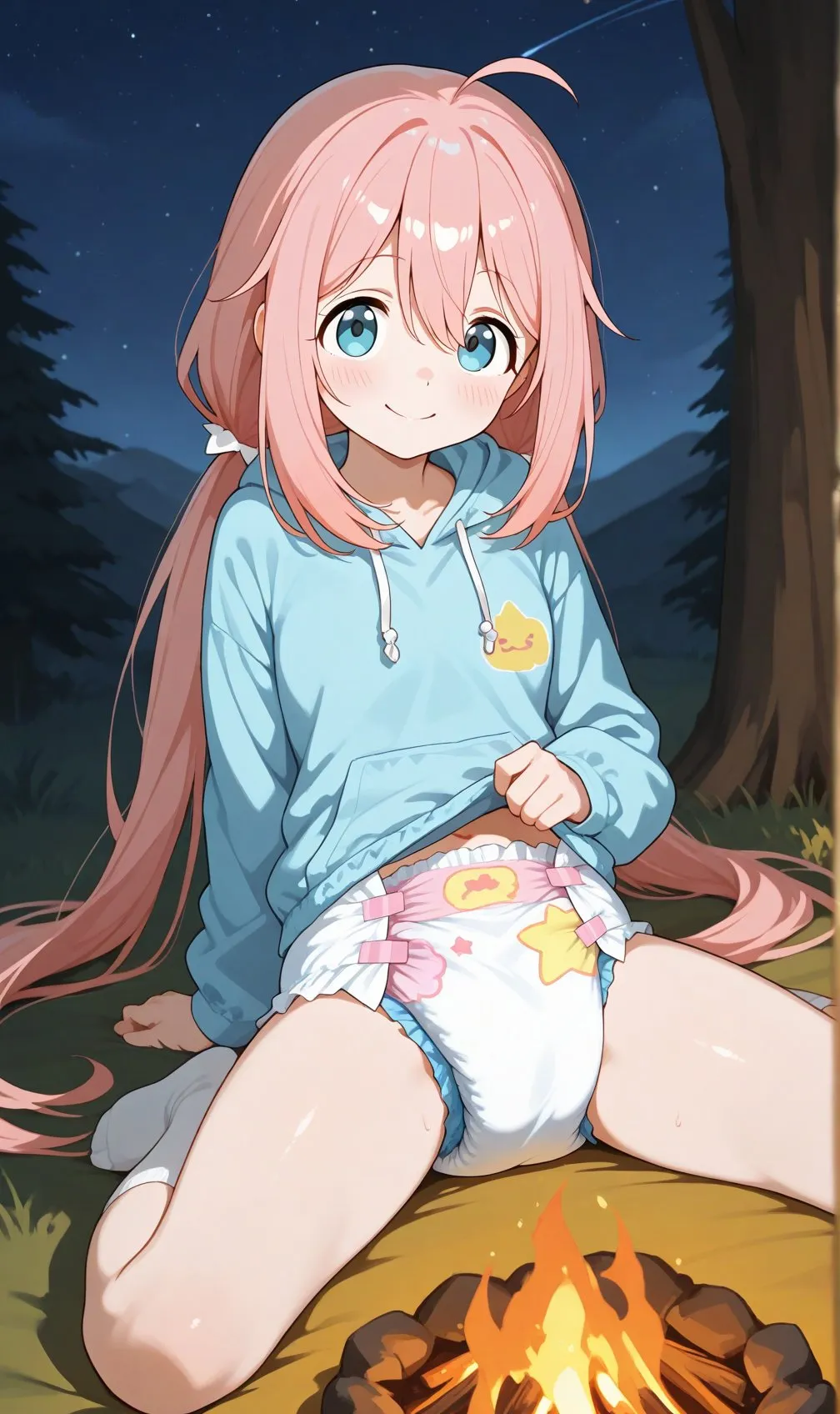 A girl with peach-colored hair is showing off her diaper outdoors.