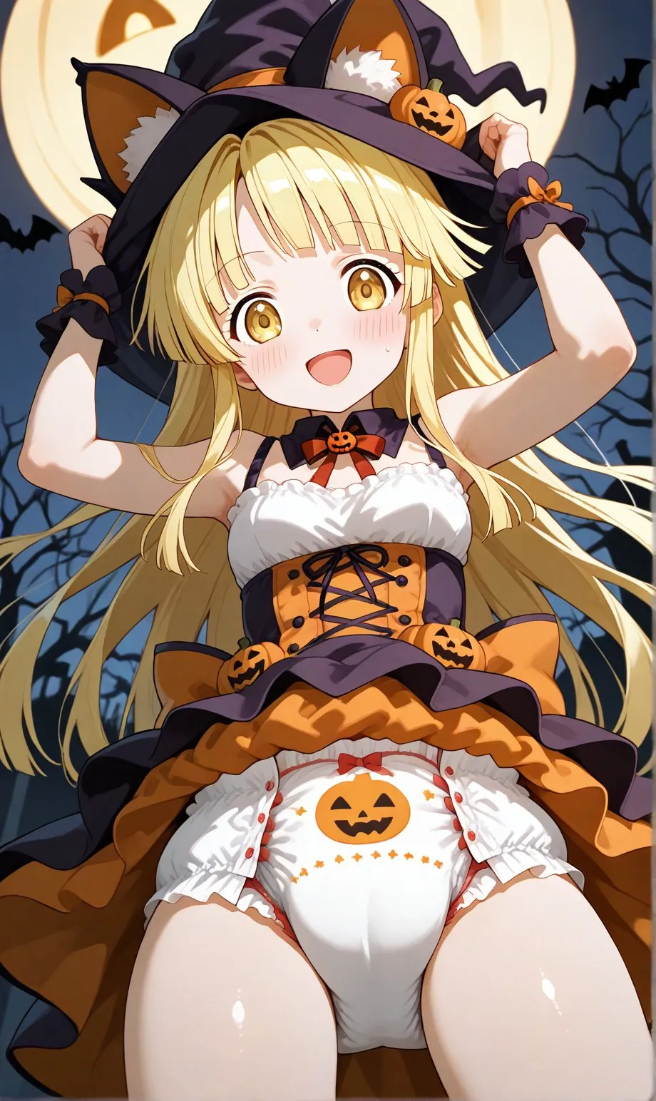 A Halloween girl in diapers is showing off her armpits and diapers.