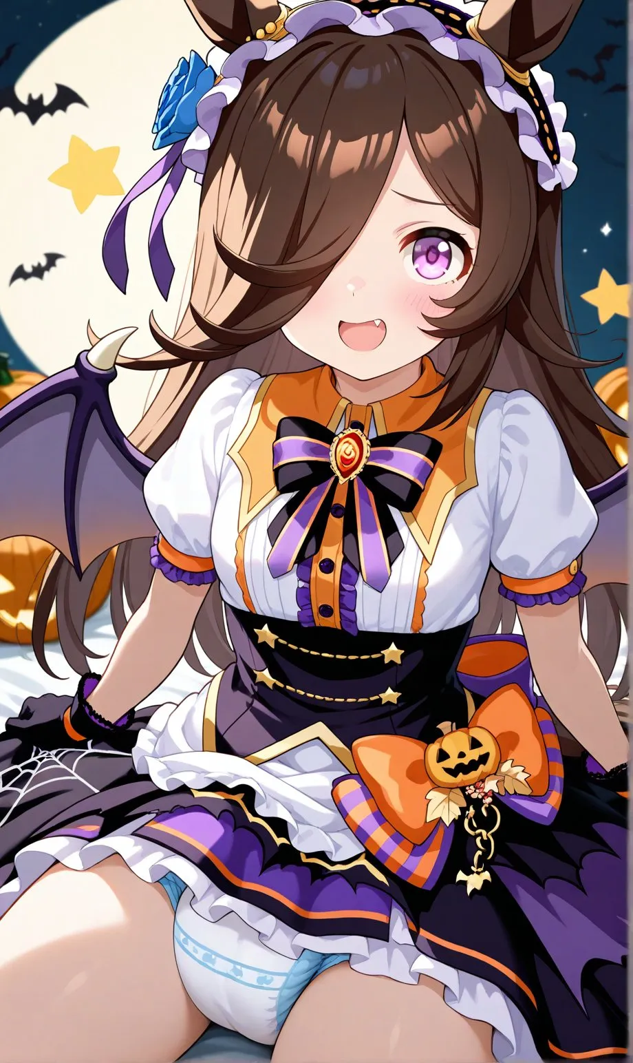 A girl dressed in a Halloween costume is exposing her diaper.