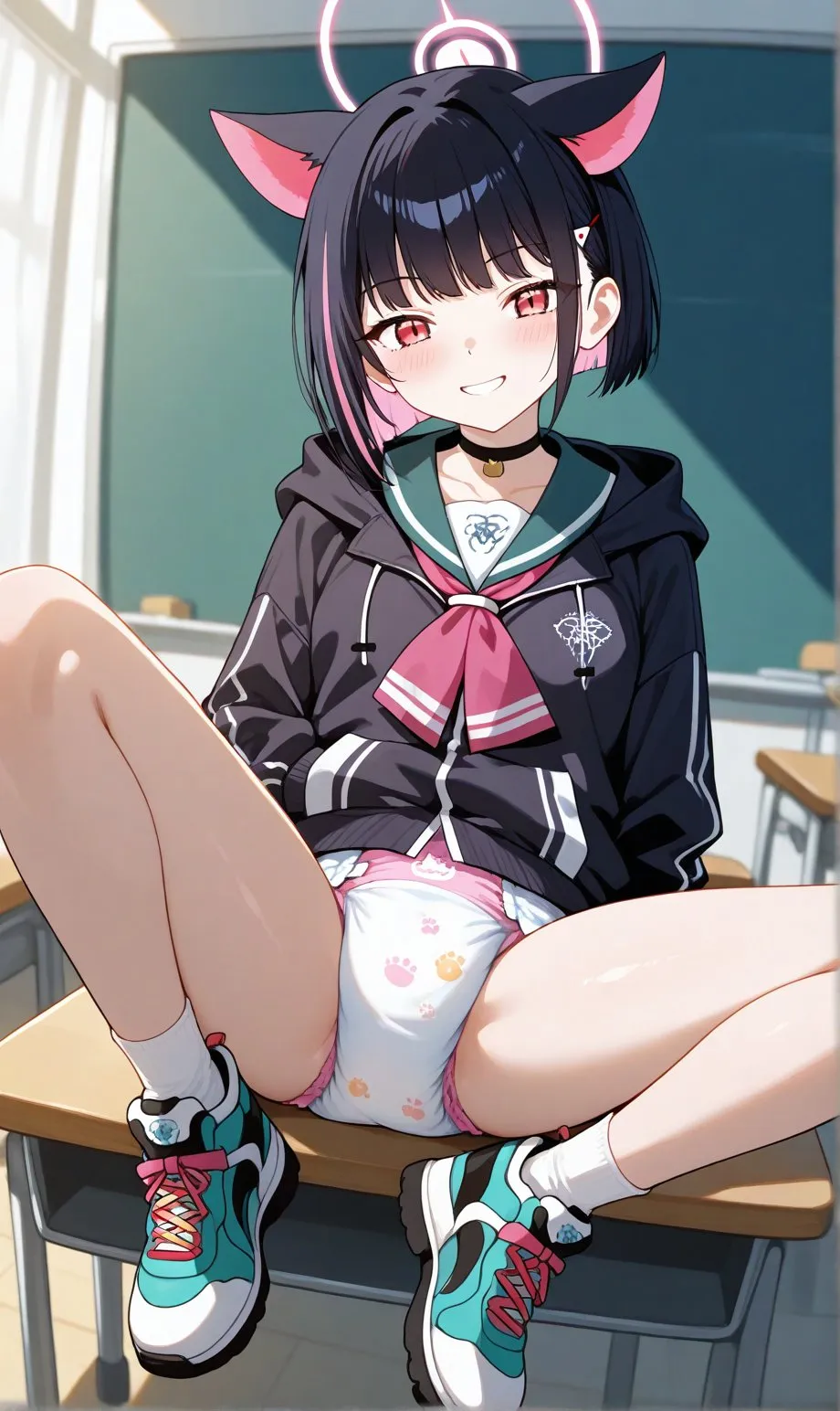 The diaper girl is showing off her diapers at school.