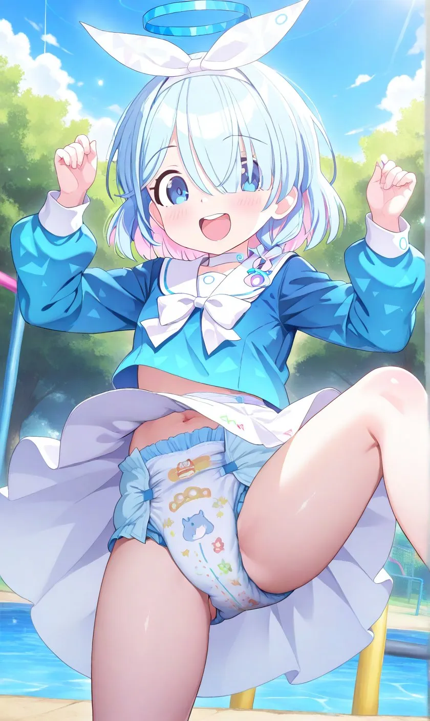 The blue-haired diaper girl had her diaper exposed when her skirt fluttered in the open air.