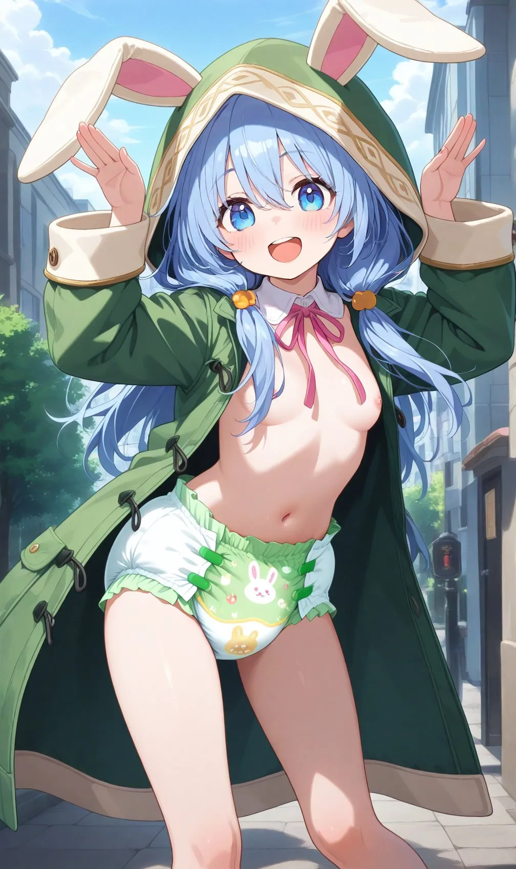 A girl with rabbit ears is wearing a diaper and dancing the rabbit dance outdoors.