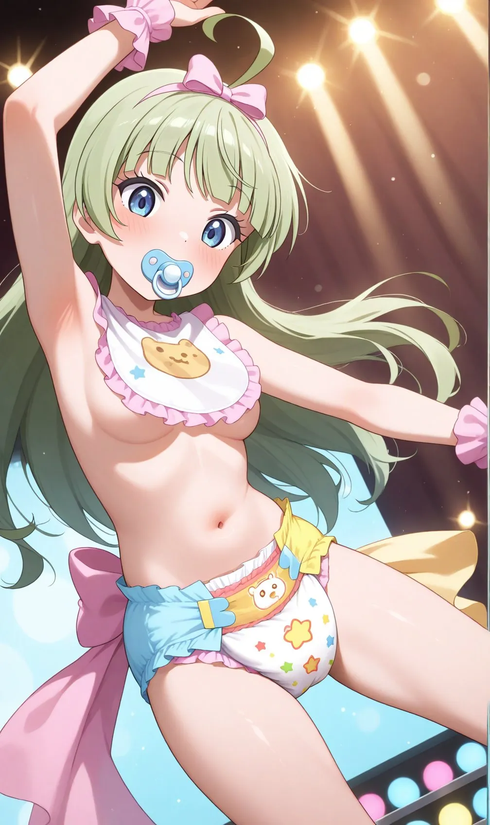 A girl wearing a diaper is showing off her armpits and diaper on stage.