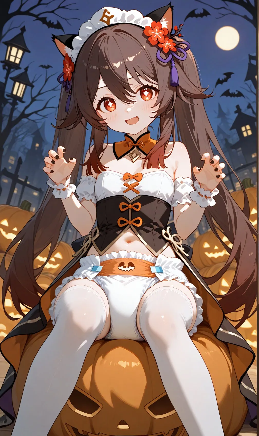 A girl dressed in a Halloween costume is sitting on a pumpkin, showing off her diaper.