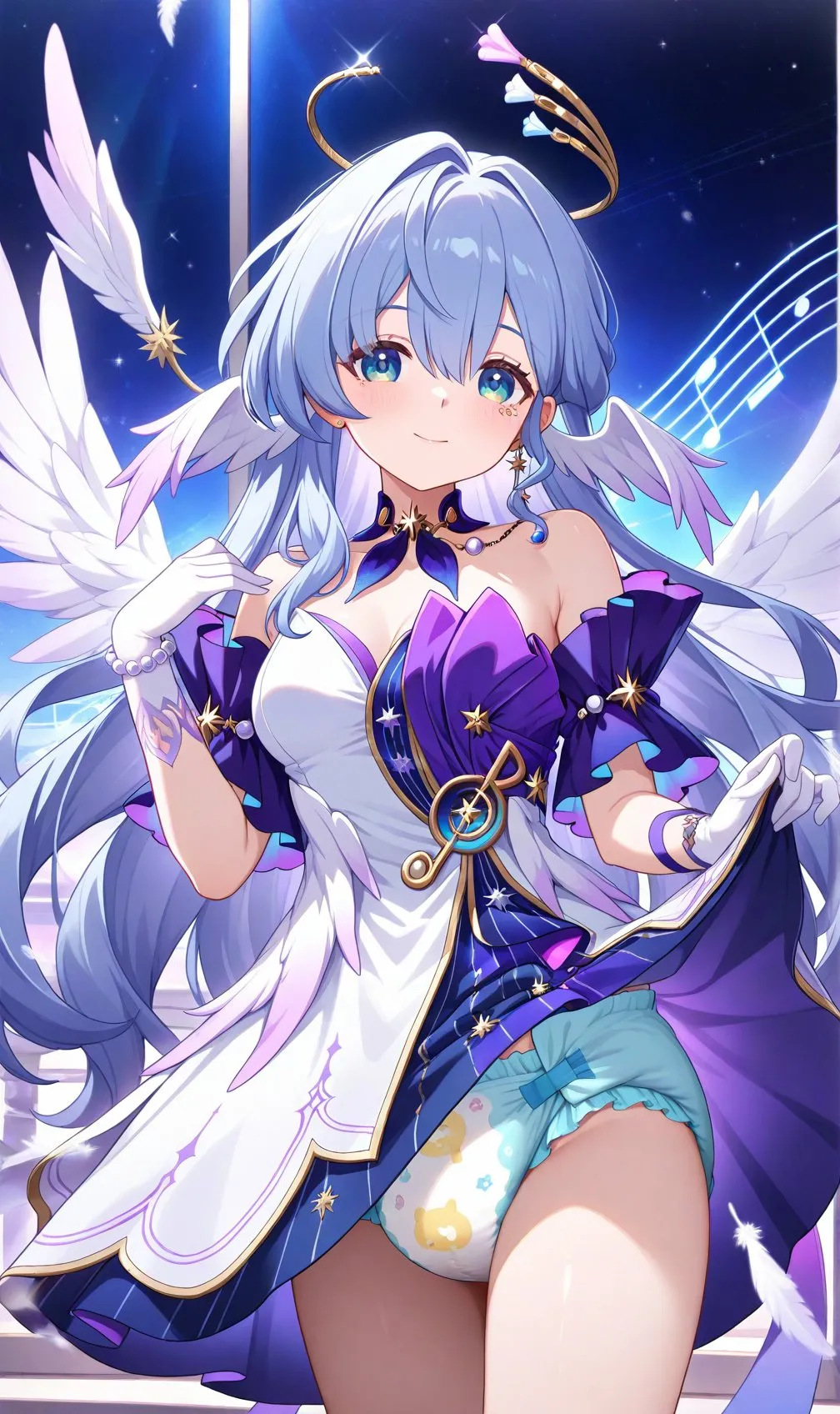 An angelic girl lifts her skirt to show her diaper.