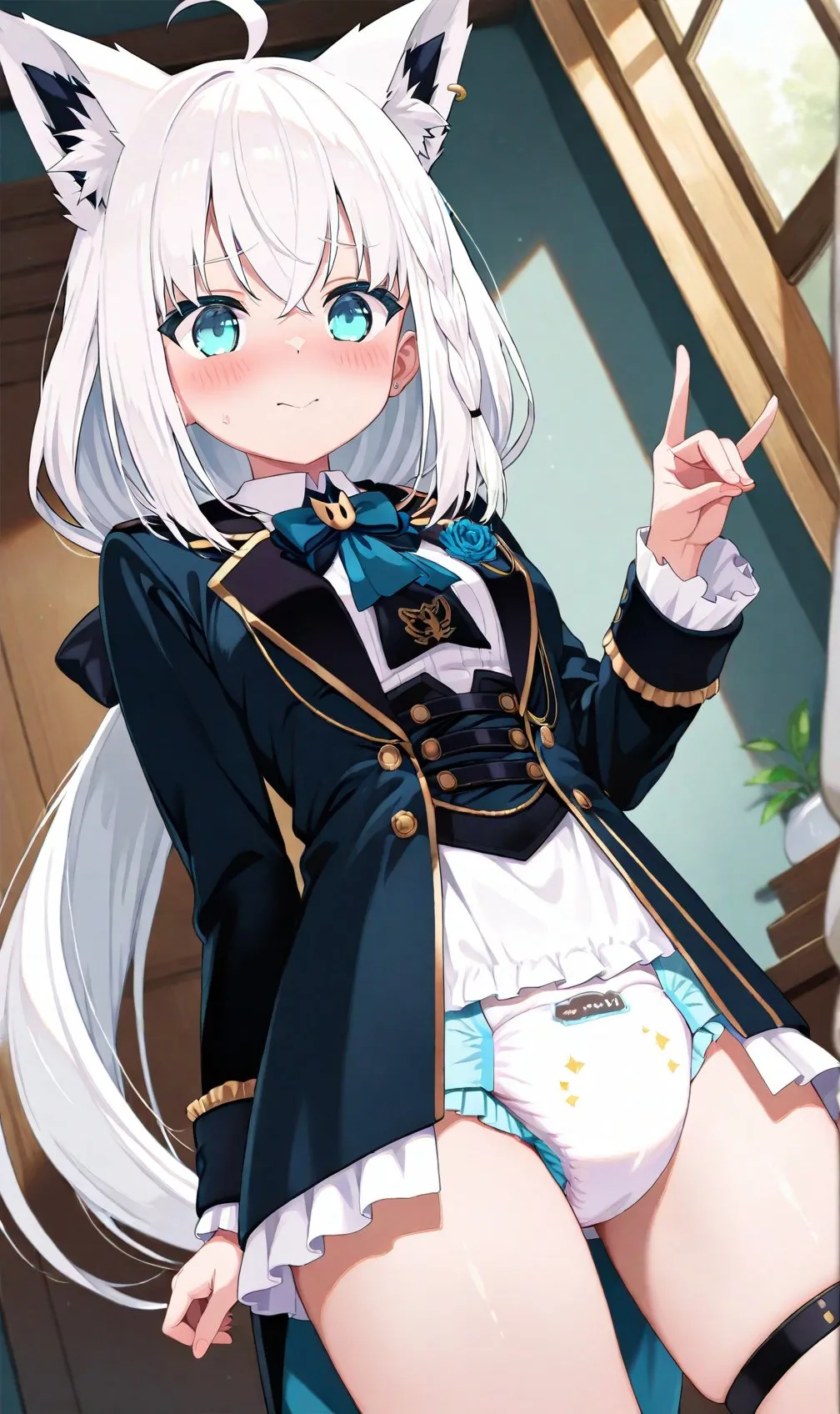 The white-haired girl isn't wearing any bottoms, so her diaper is fully visible.