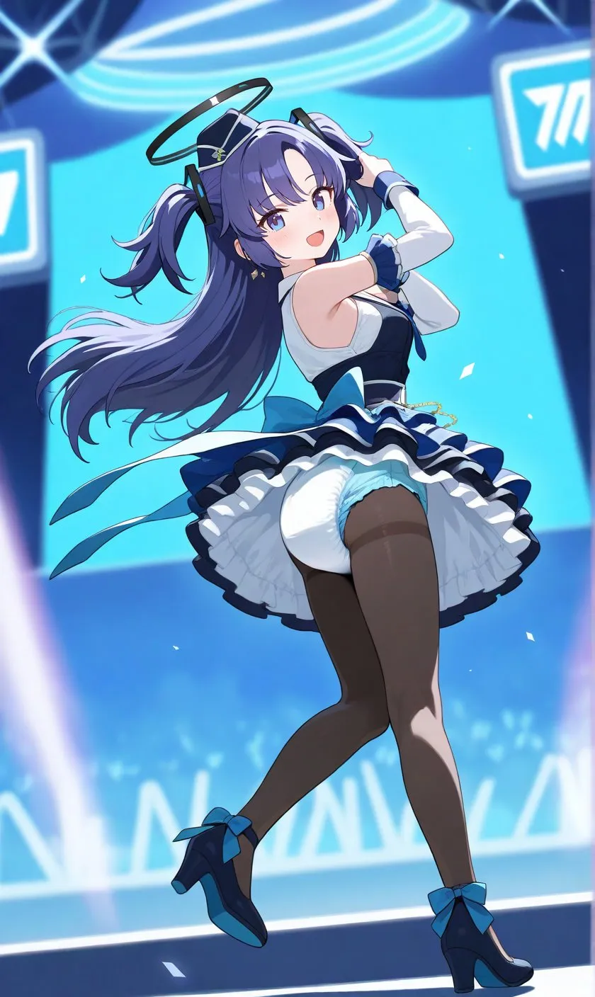 A girl wearing black stockings and a diaper stands on the stage.