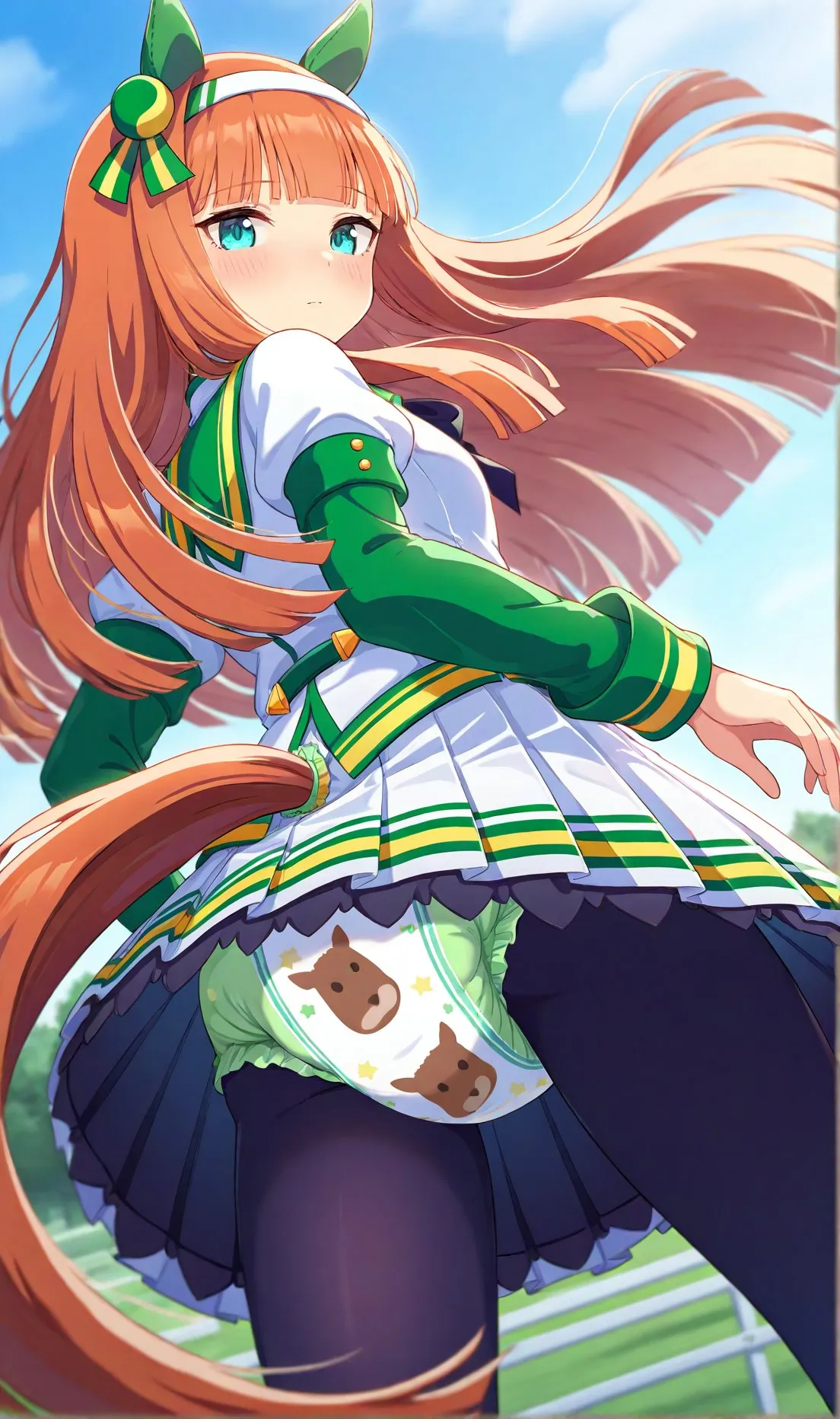 The Uma Musume girl is wearing black stockings and a diaper outdoors.
