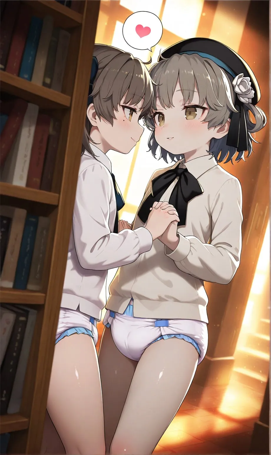 Two girls in diapers are having lesbian sex in the library.