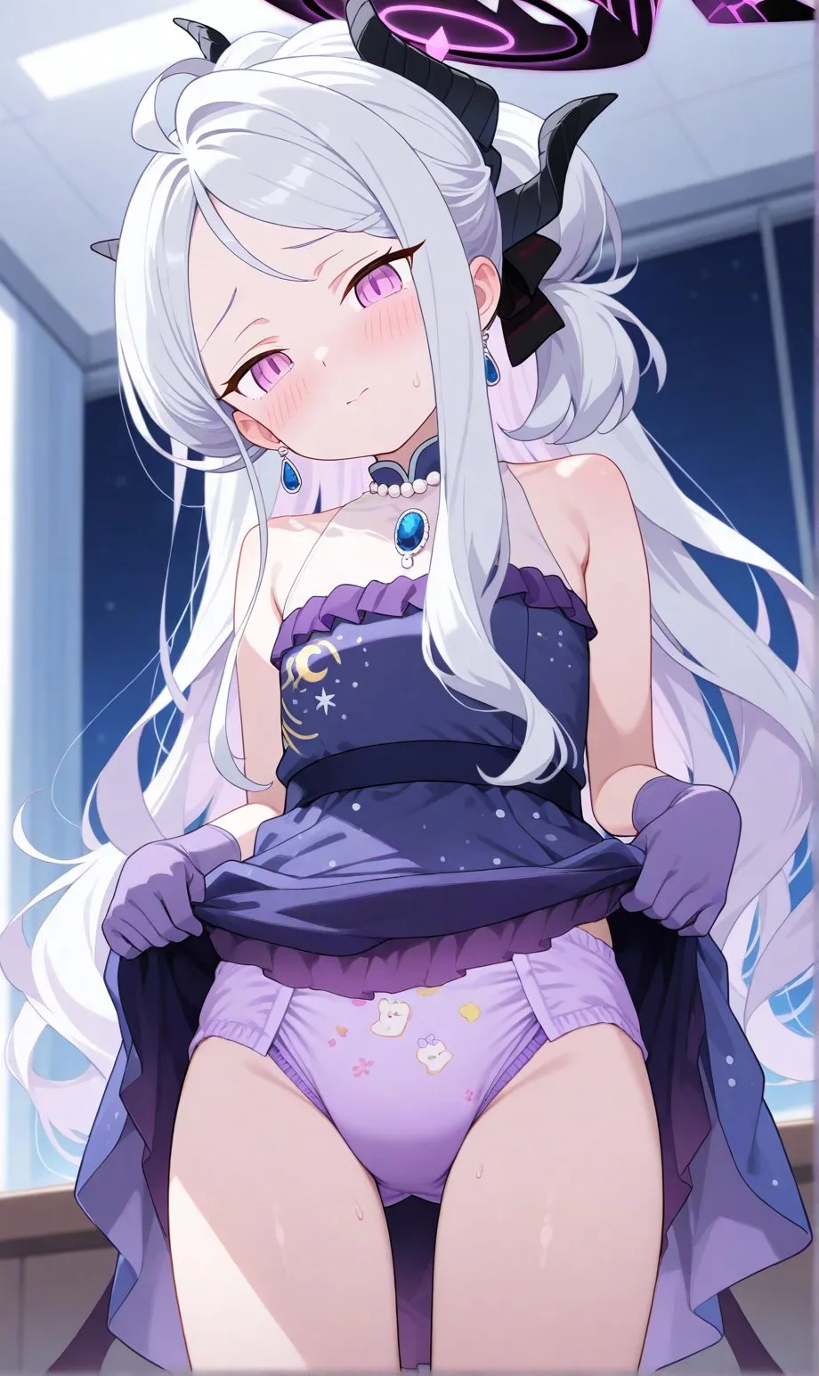 The diapered girl lifts her skirt with an embarrassed expression to show her diaper.
