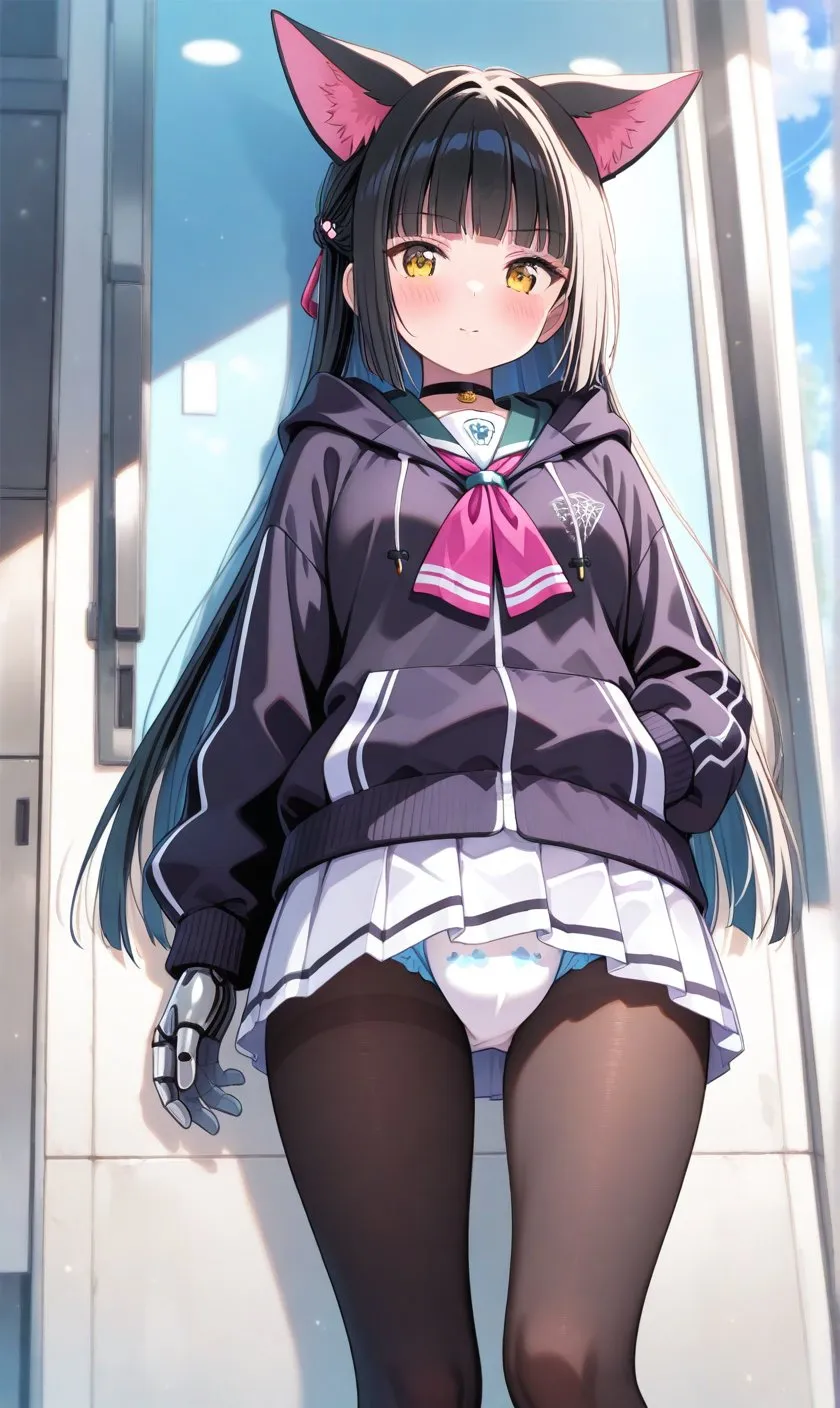 The diaper is visible through the skirt of the diapered girl in black stockings.