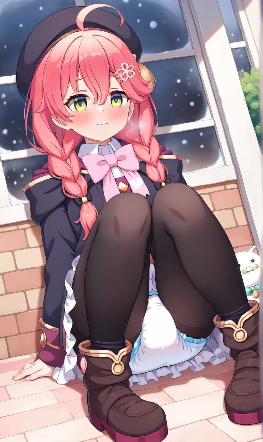 The diapered girl is sitting outdoors wearing a diaper over black stockings.