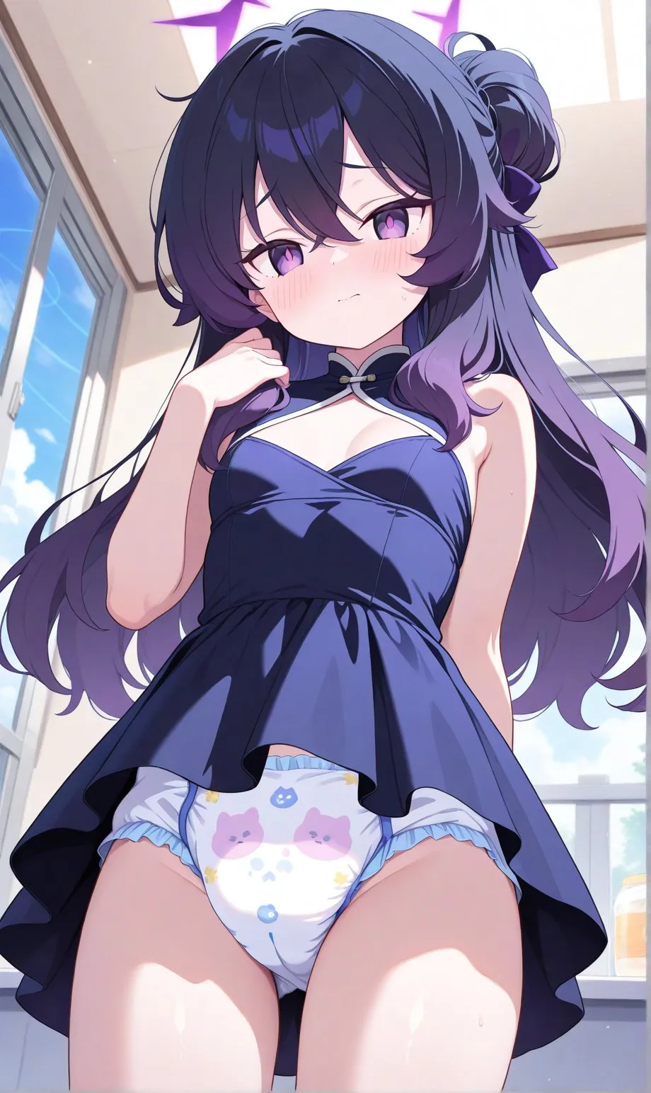The diapered girl stands there, embarrassed by her own diaper.
