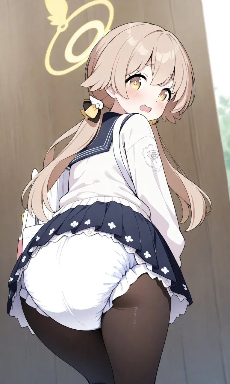 Blue Archive girl wearing diapers over black stockings