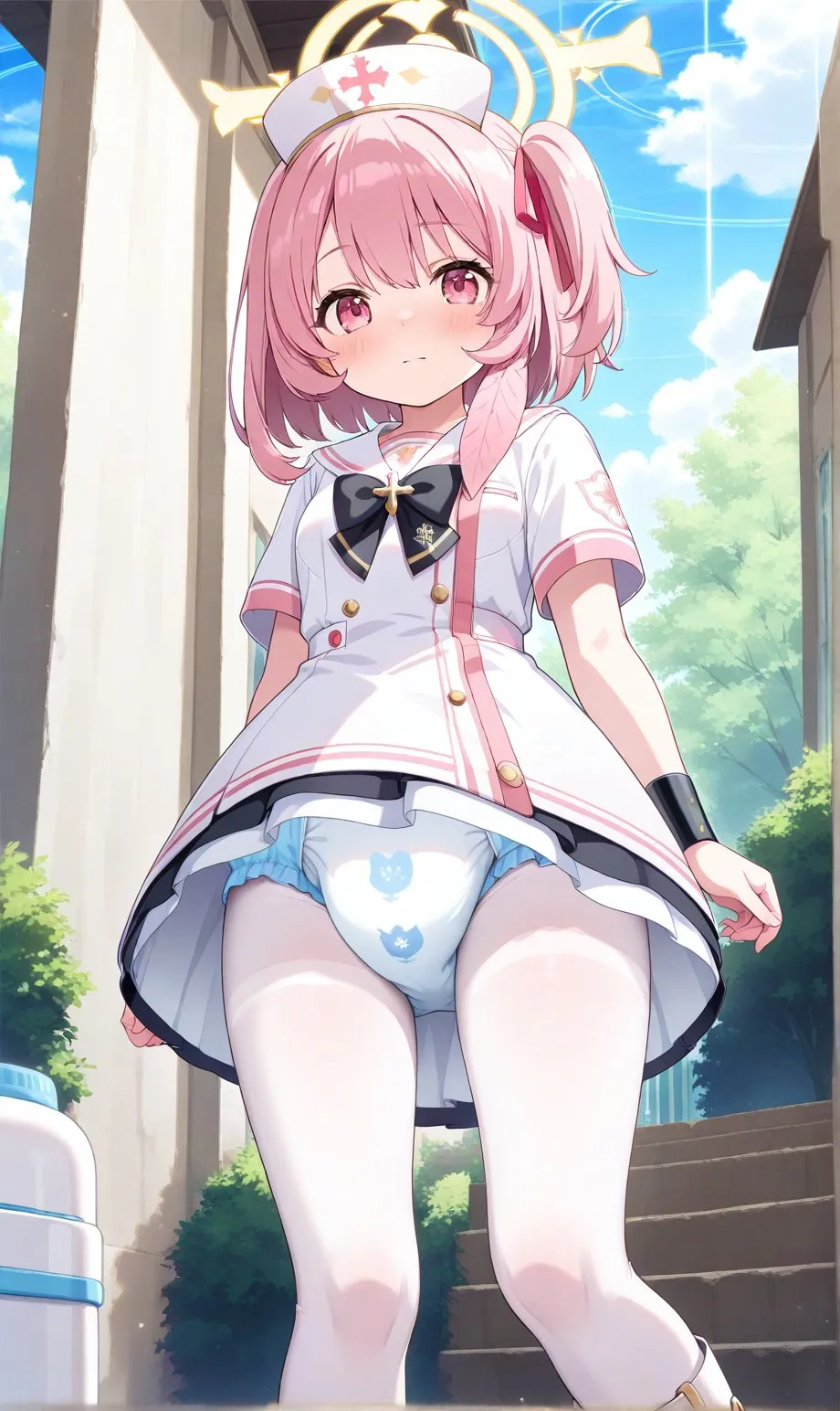 Blue Archive girl wearing diapers over white stockings