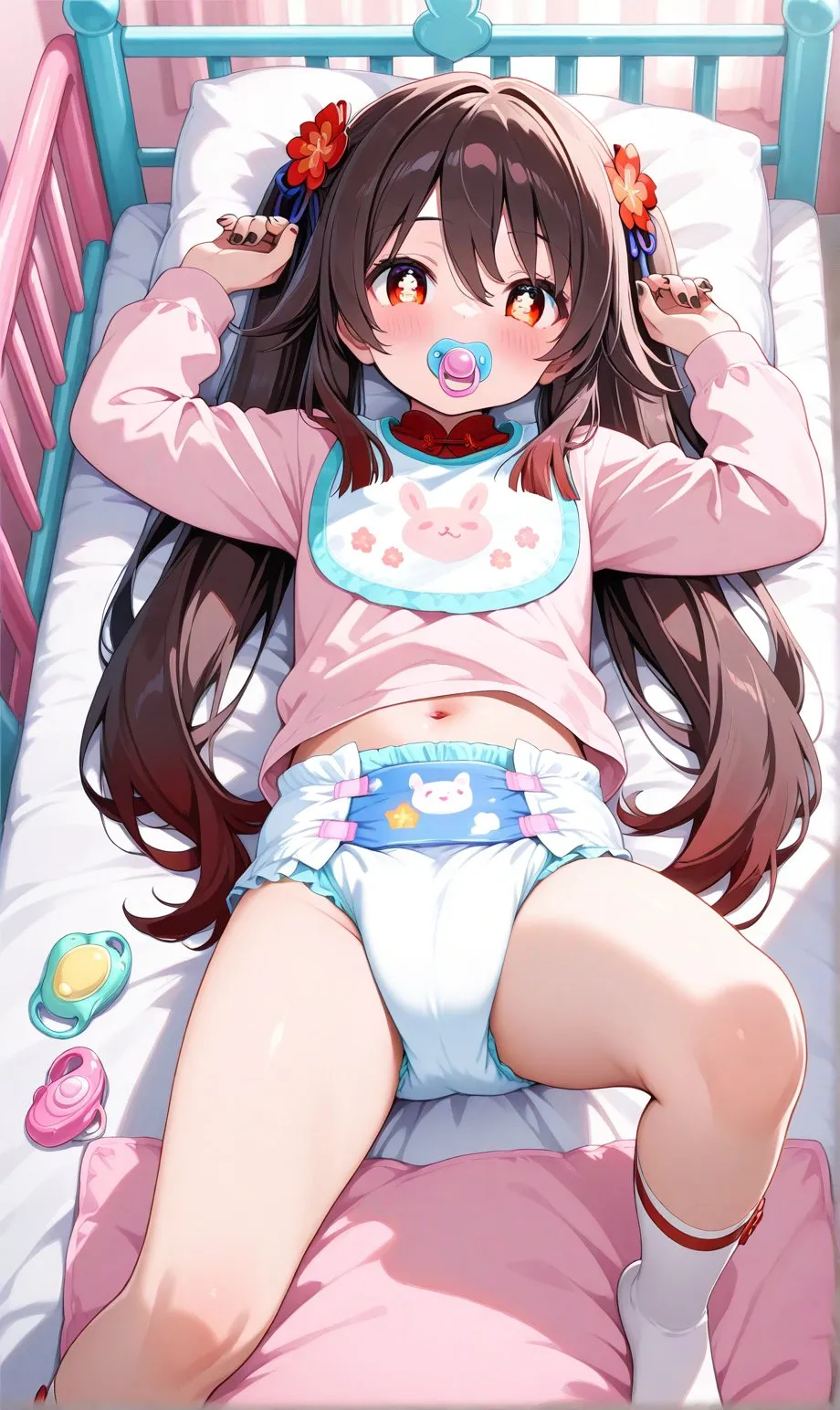 The girl is lying in her crib, showing off her diaper.