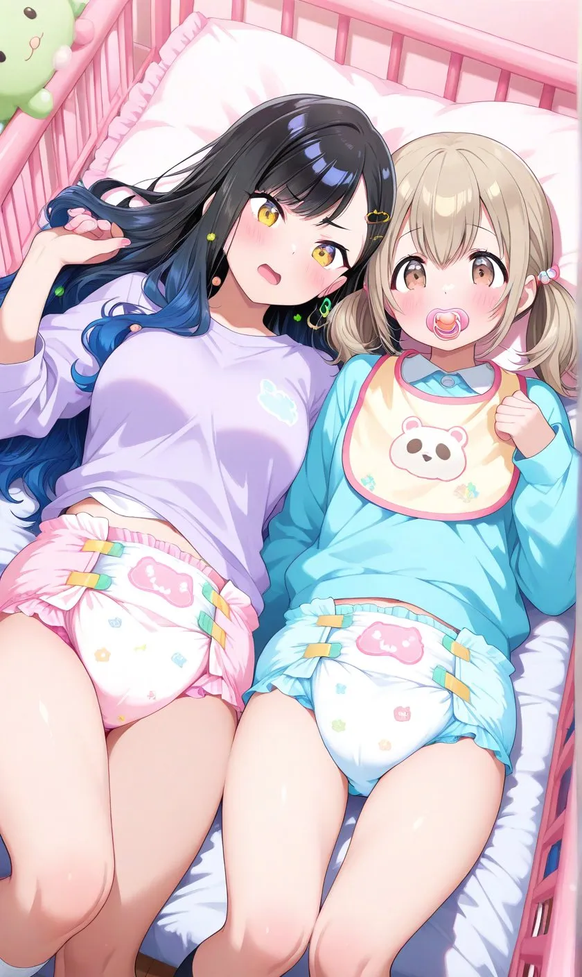 Two girls are lying in a crib wearing diapers.