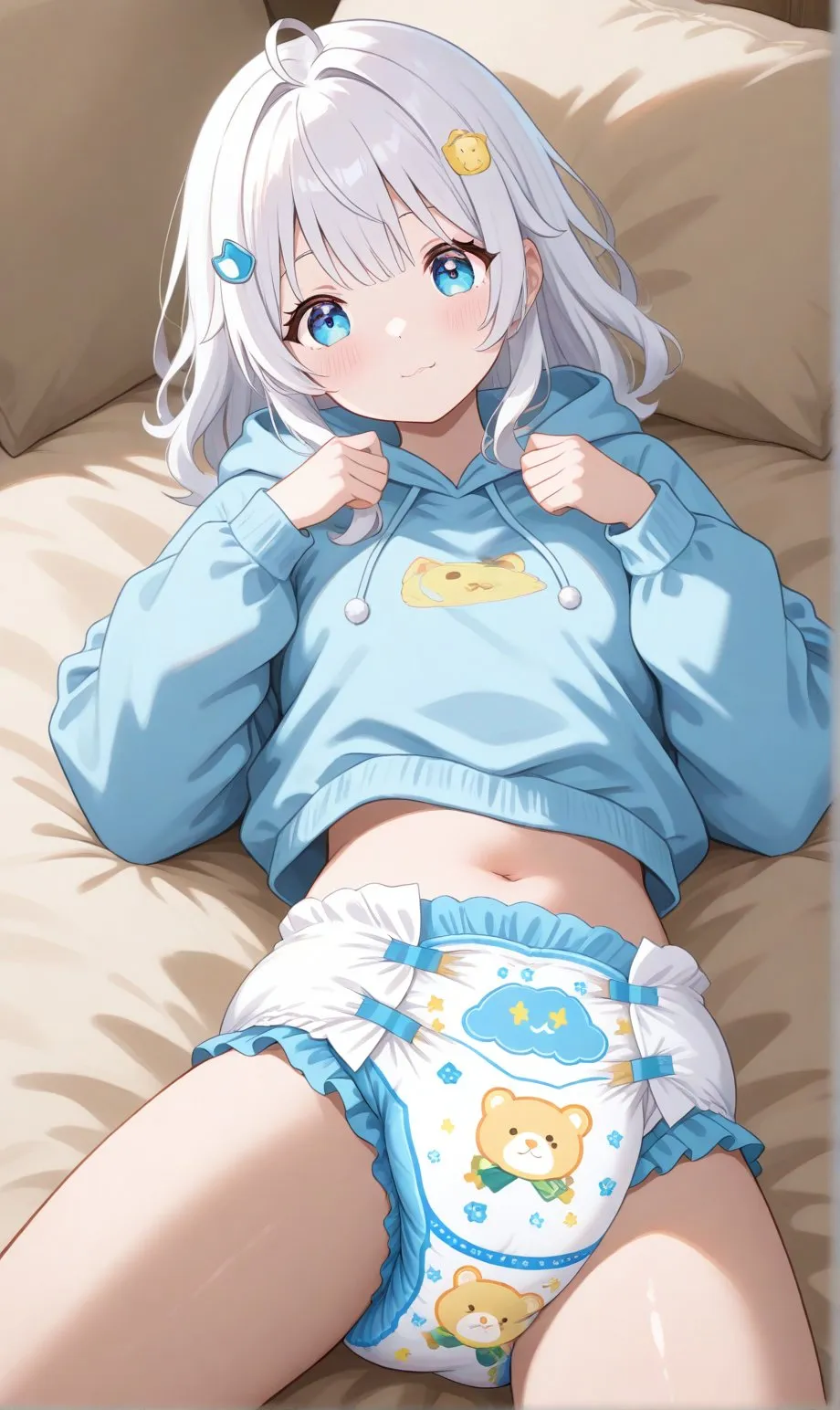 The diapered girl lies in bed. The diaper is bulging.