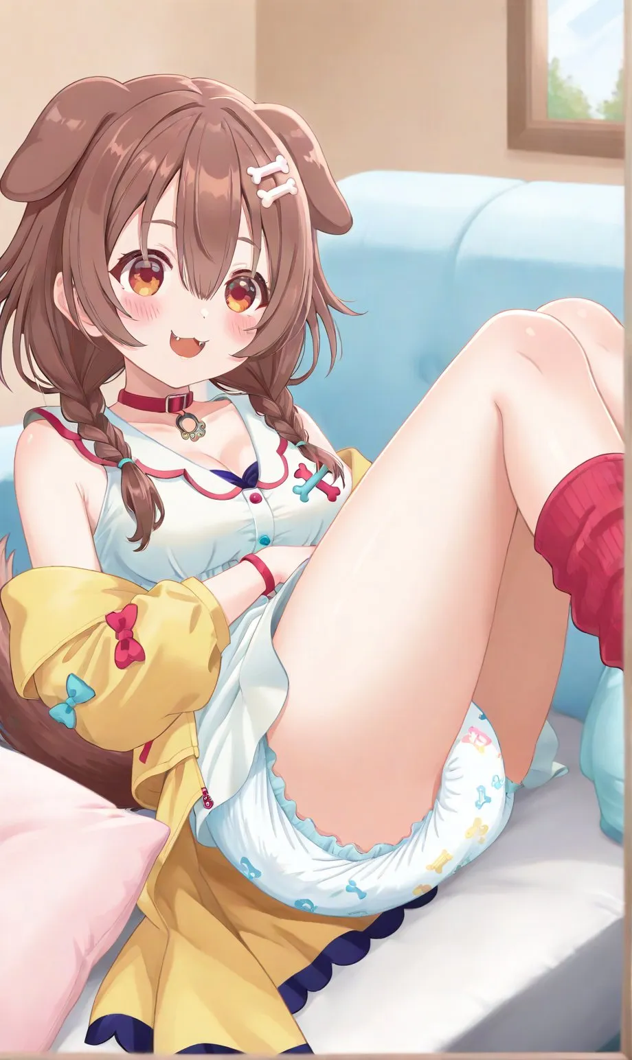 The diapered girl lies on the bed with her legs drawn up.