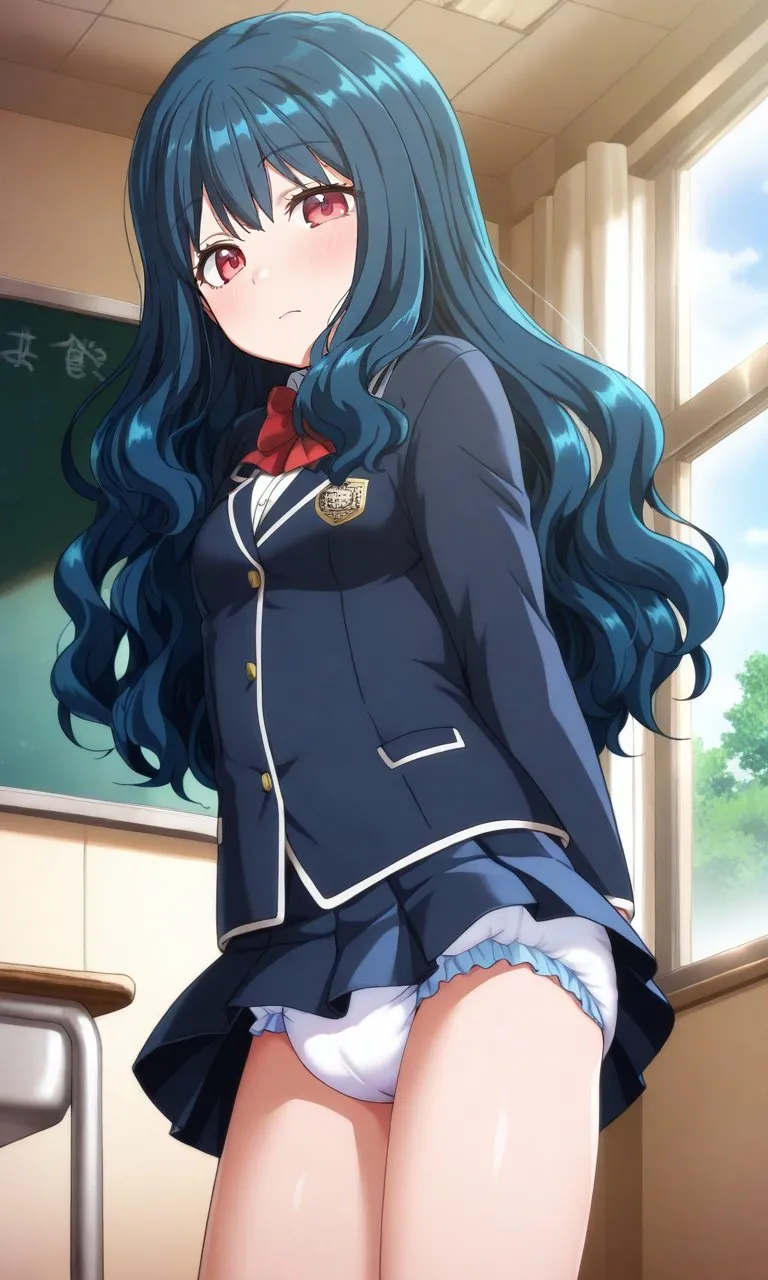 A diaper is visible under her skirt in the classroom.