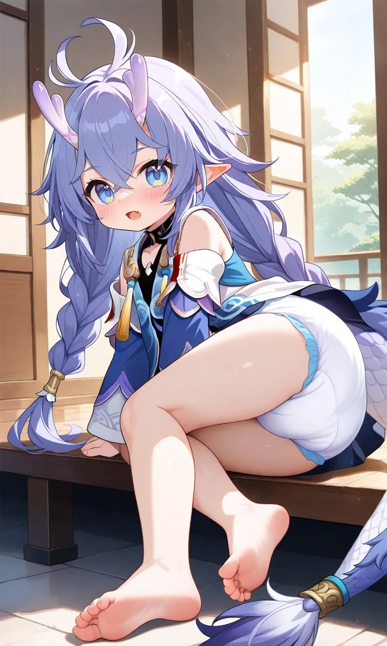 A girl lying diagonally on the wooden floor is embarrassed by her own diaper.