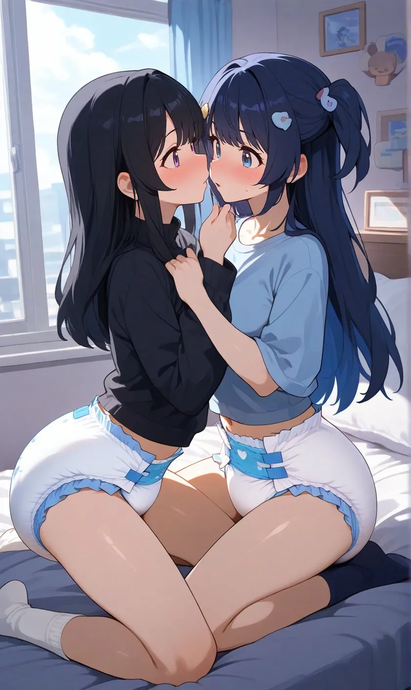 Two girls in diapers are looking at each other and engaging in lesbian behavior.