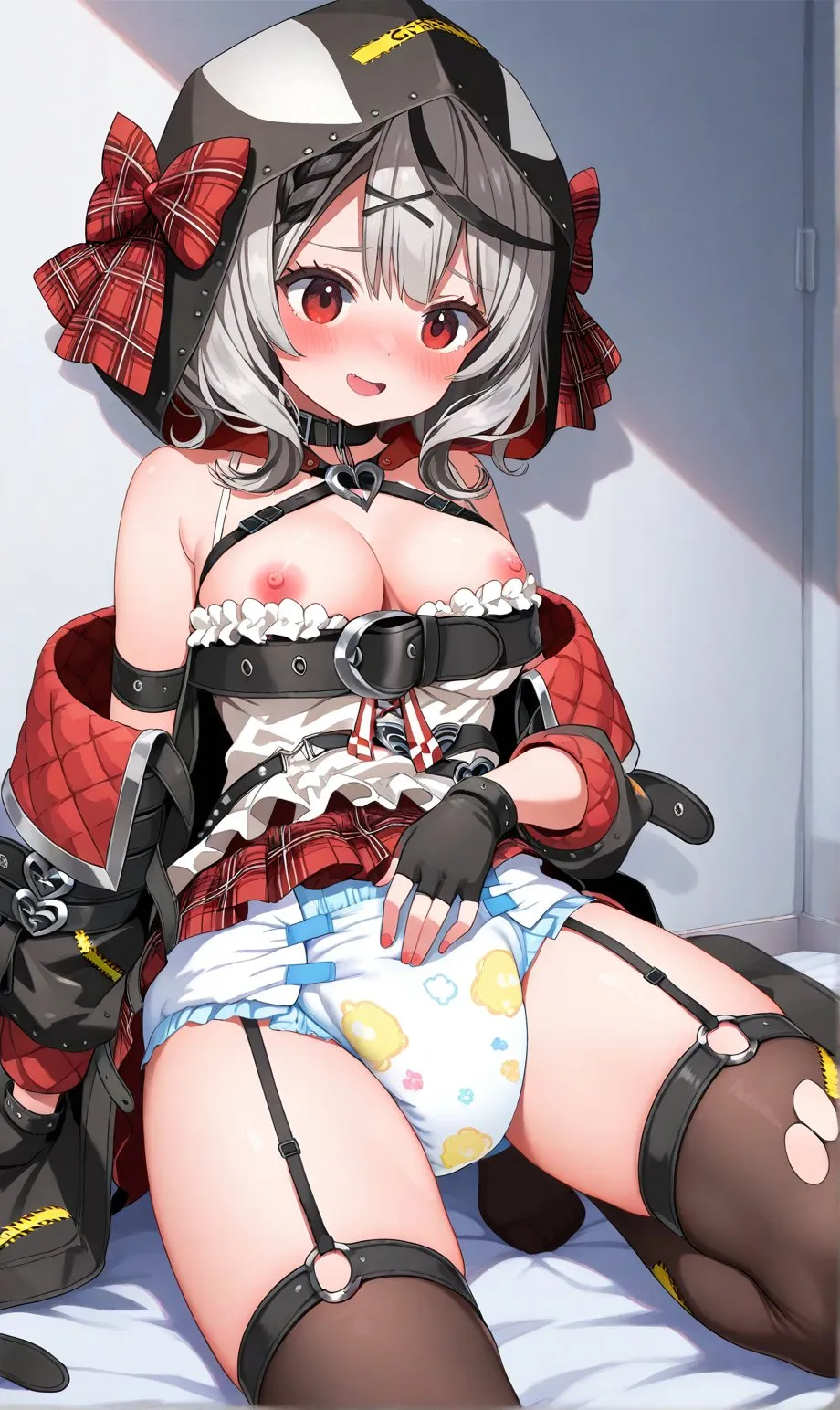 A diapered girl with her chest exposed is wearing a garter belt and torn stockings.