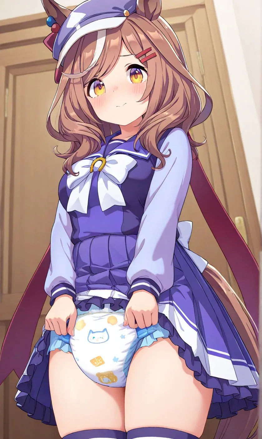 The Uma Musume girl is lifting her skirt to show her diaper.