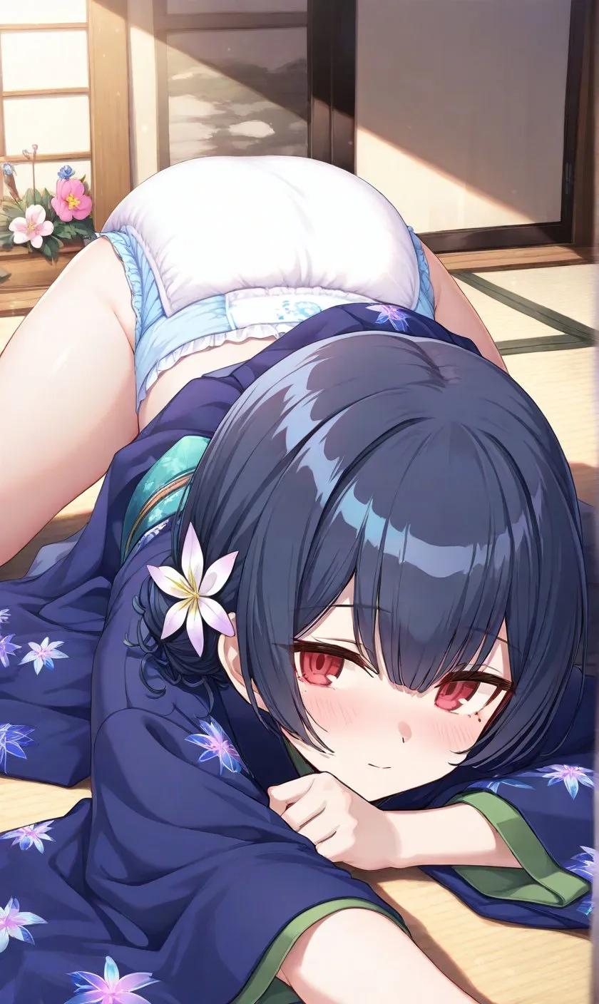 The girl in the doggy style position has a bulging diaper.