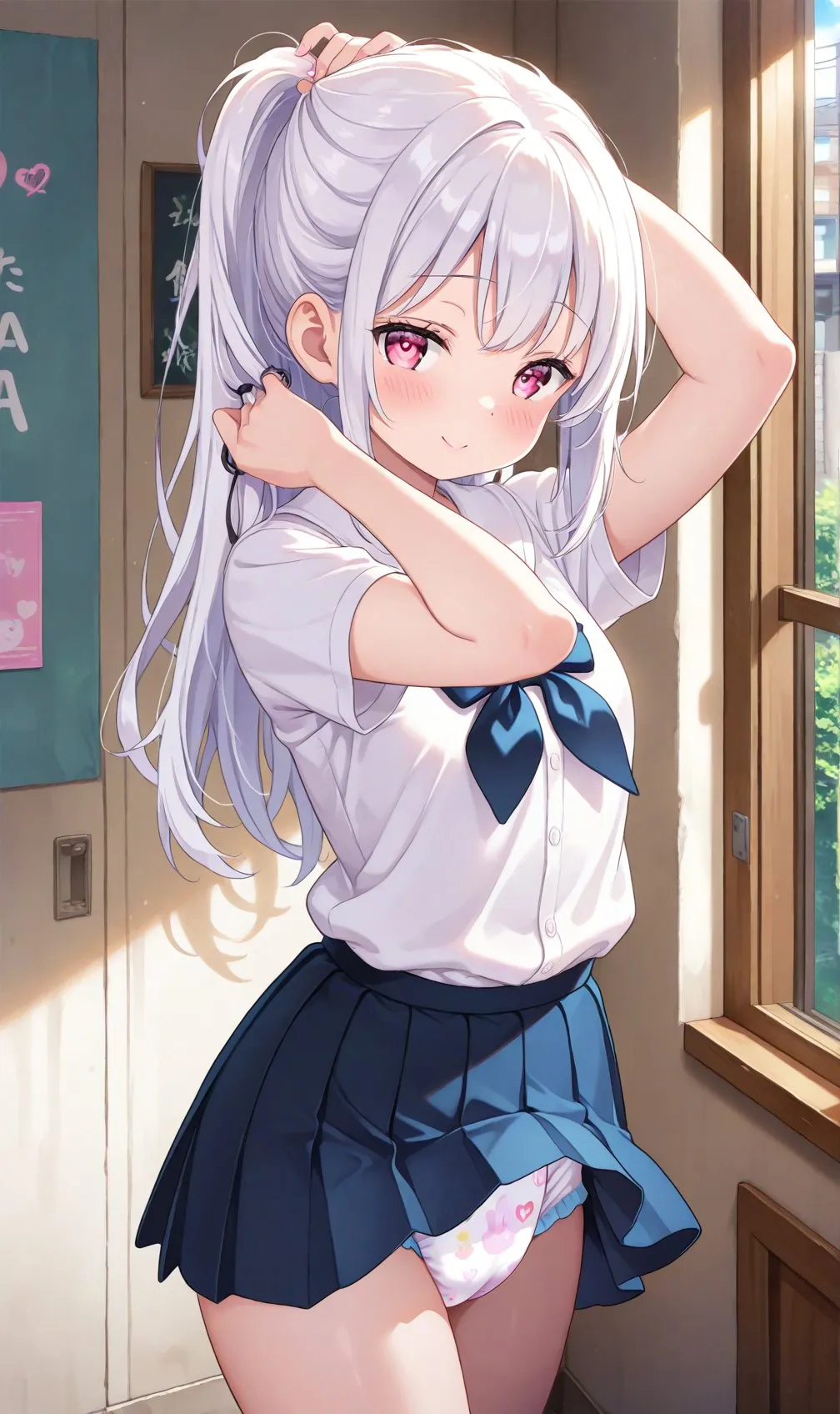 A silver-haired girl's diaper is visible beneath her skirt at school.