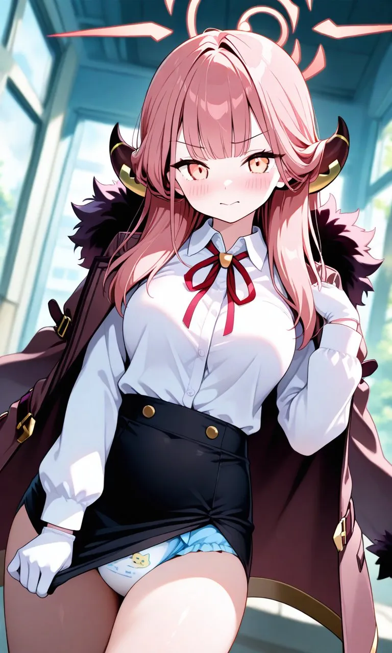 The devil girl blushes and pulls down her skirt to hide her diaper.