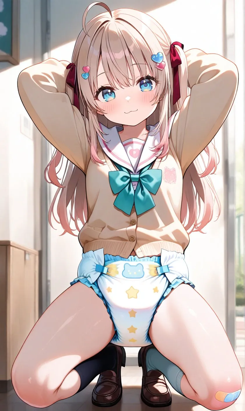 The girl puts her arms behind her head and shows off her diaper.