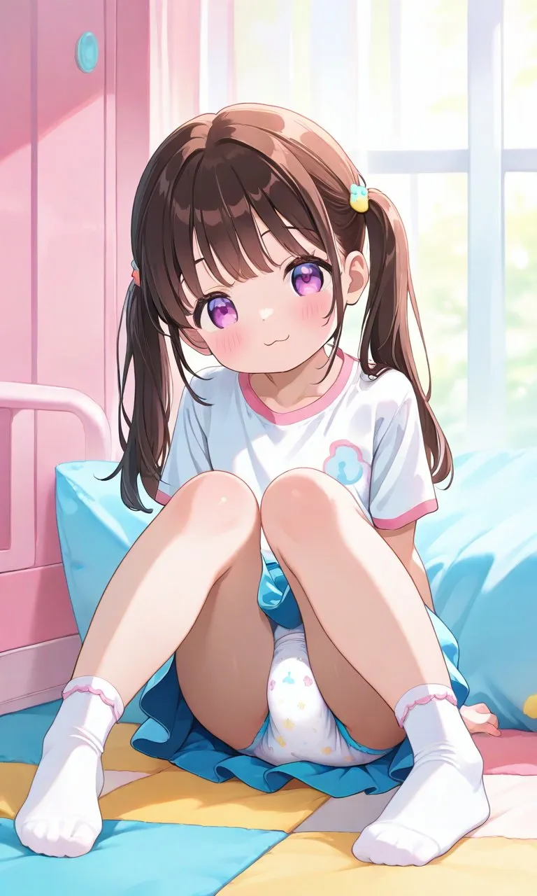 A girl with a ponytail is wearing a diaper.
